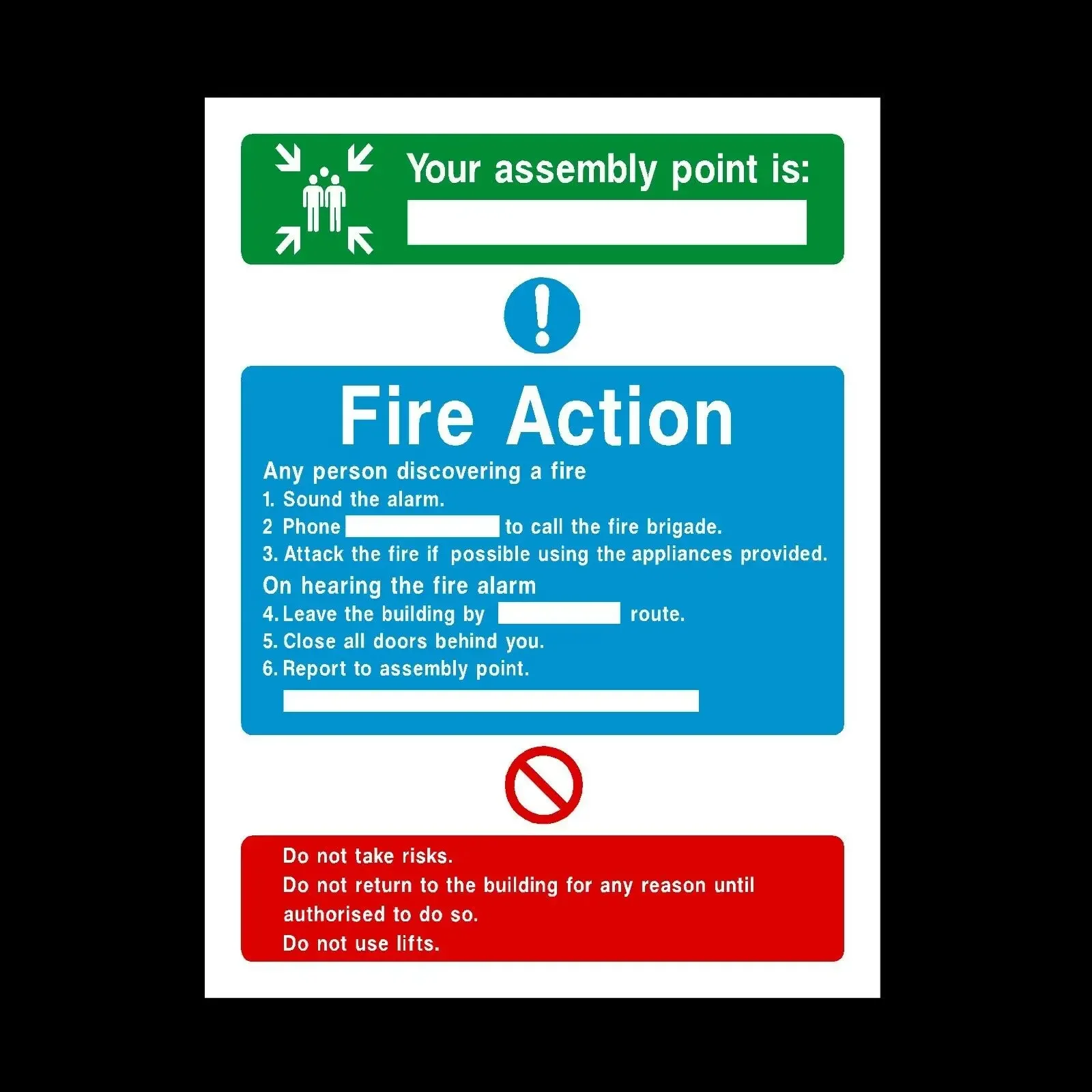 Waterproof sticker Fire Action Your Assembly Plastic Rigid Sign Decal Suitable for shopping malls warehouses schools factory,car