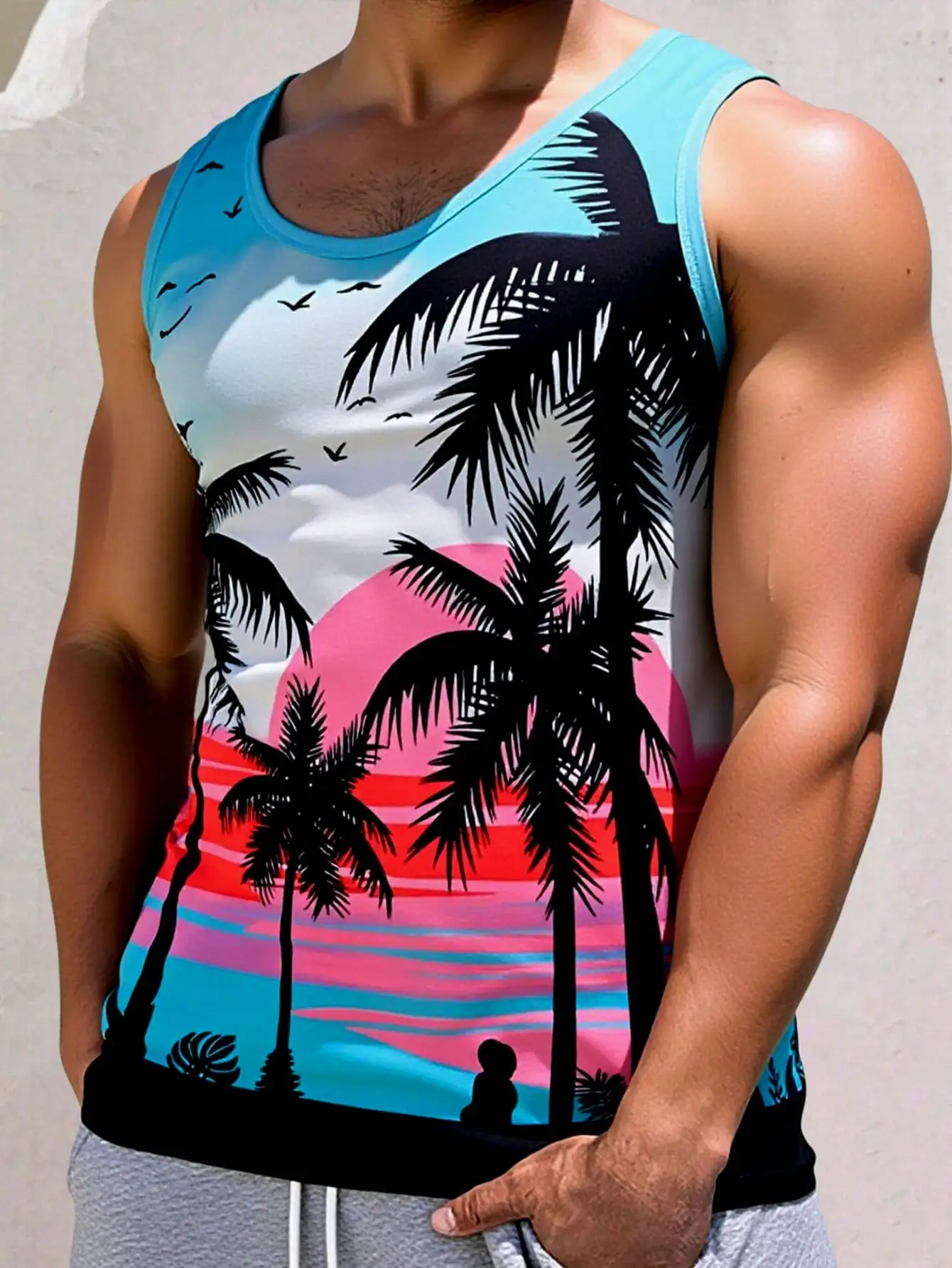 

Men's Sleeveless Tank Top with Tropical Palm Tree Sunset Print, Loose Fit, Breathable Fabric