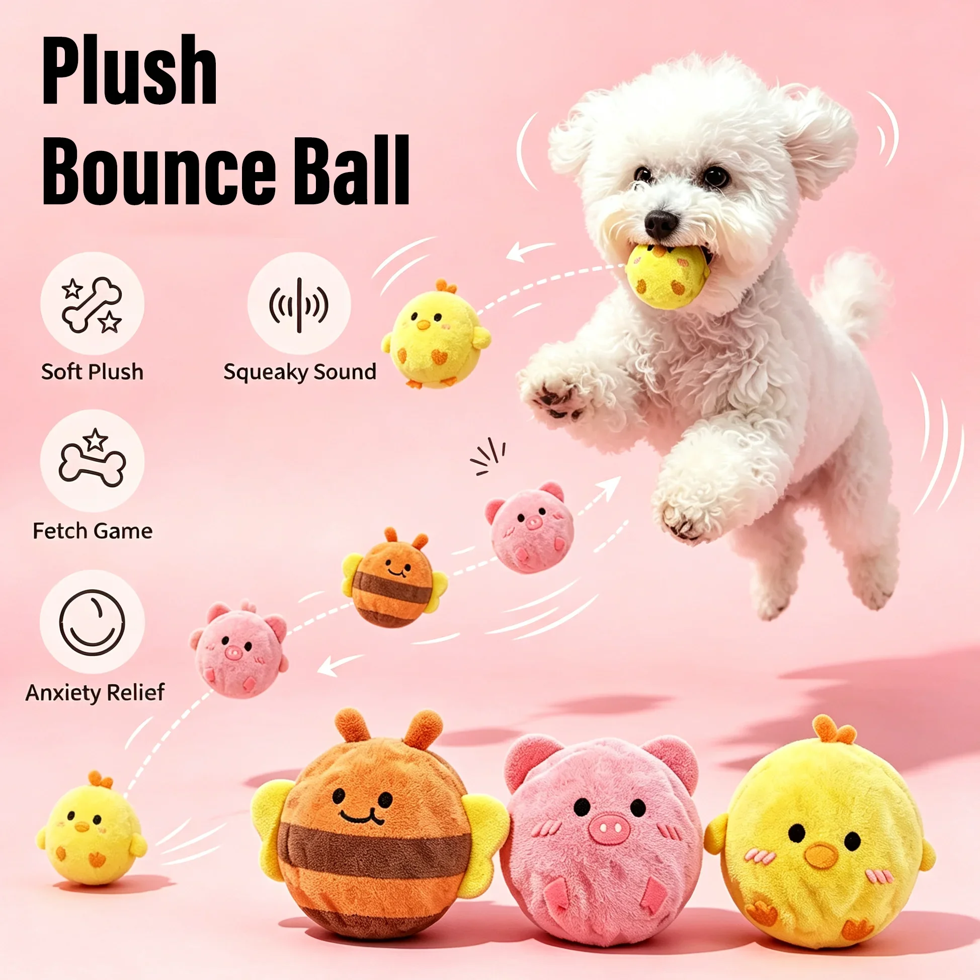Plüsch-Hüpfball, Quietschspielzeug für Hunde, Plüsch-Cartoon-Ball, interaktives Haustierspielzeug, zur Linderung von Langeweile, Hundezubehör, Trainingsspielzeug für Hunde, Geschenk. – Detail 1