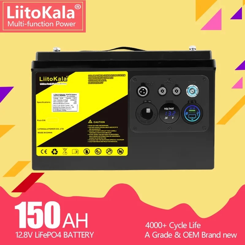 LiitoKala 12V 150Ah LiFePO4 Battery 12.8V Power For RV Campers Golf Cart Off-Road Off-grid Solar Wind，QC3.0 Type-C USB output