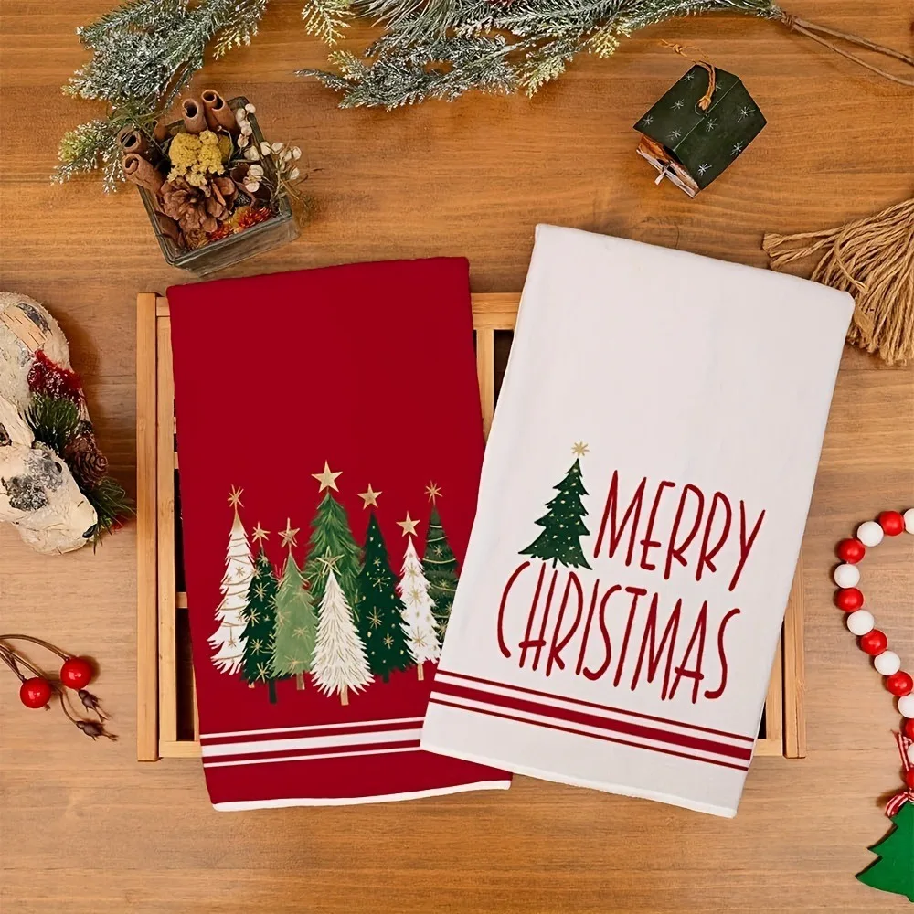 2PCS Star Christmas Tree Pattern Merry Christmas Kitchen Towel Water-absorbent Fade-resistant Dish Washing Cloth Rectangular