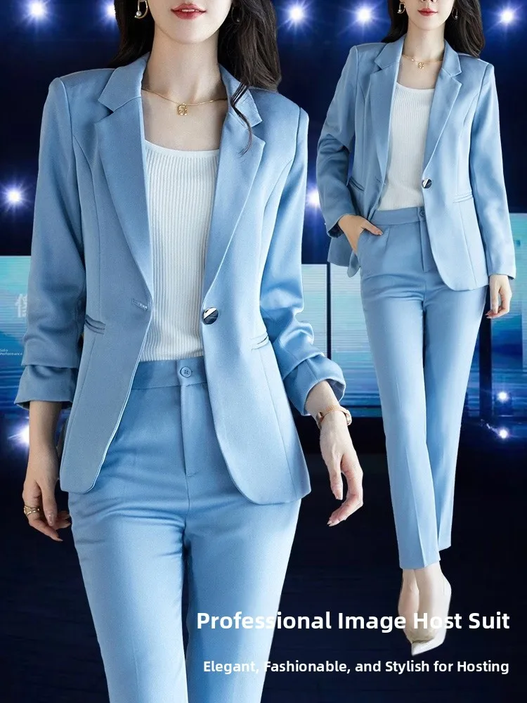 

Blue Women's Suit Set Fashionable Host Professional Workwear Polyester Material Commute Style Long Sleeve Slim Fit Suit