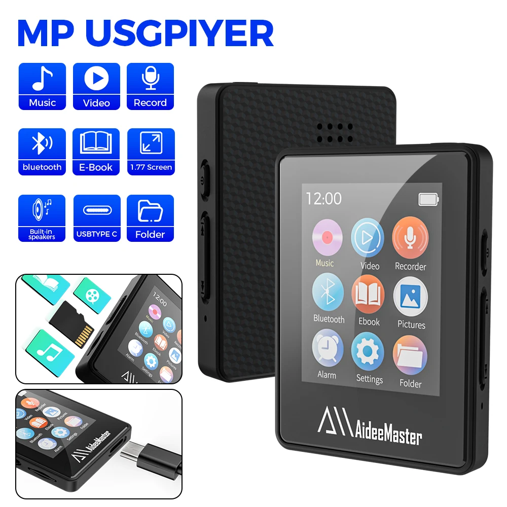 

AideeMaster Portable BT MP3 Player Wireless Mini Digital HiFi Lossless Sound Music Players Small Black Walkman Audio Player