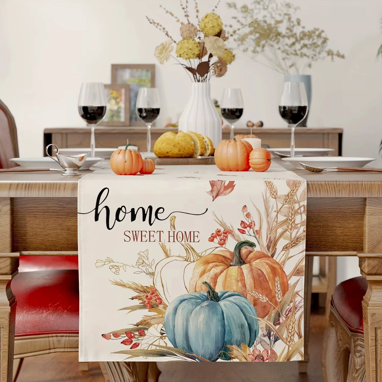

1 Autumn Pastoral Style Table Runner Painted Pumpkins , Suitable for Harvest Season Family Banquets, Pastoral B&B Soft Furn