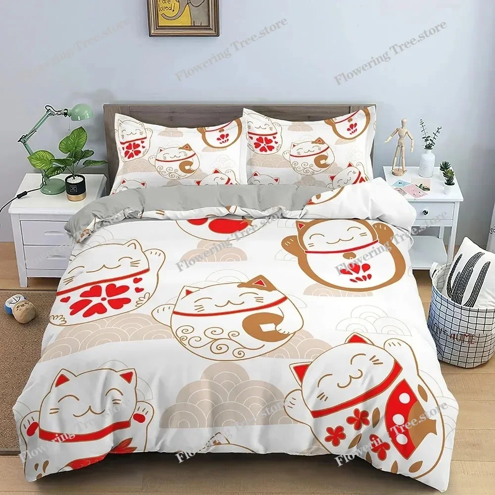 

Japanese Doll Duvet Cover King Queen Lucky Cat Fan Bedding Set for Kids Girls Asian Japan Cultural Polyester Quilt Cover