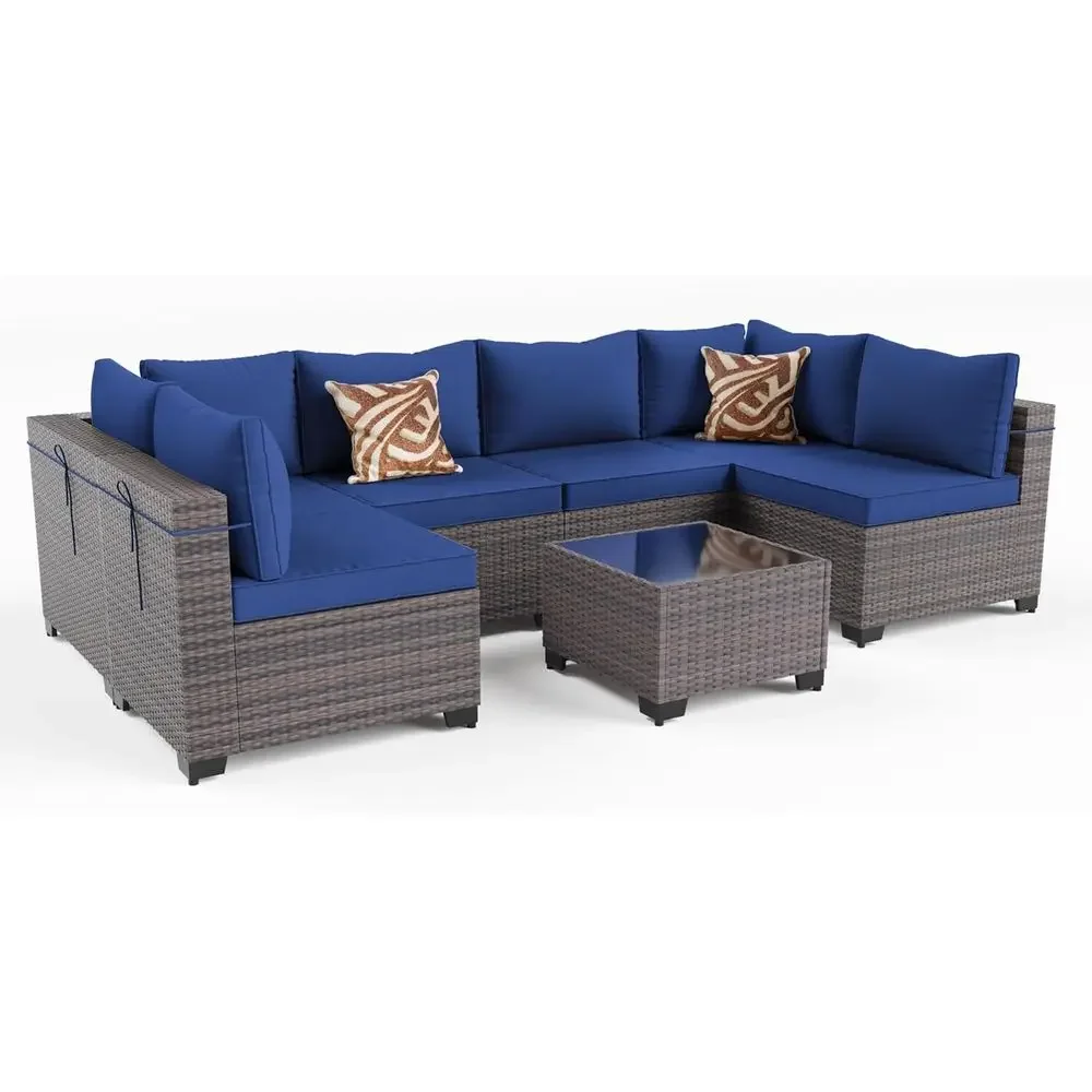 7-Piece Outdoor Patio Furniture Set, Wicker Sectional Sofa, All-Weather Cushioned Seating, Ideal for Garden, Balcony, Porch, Nav