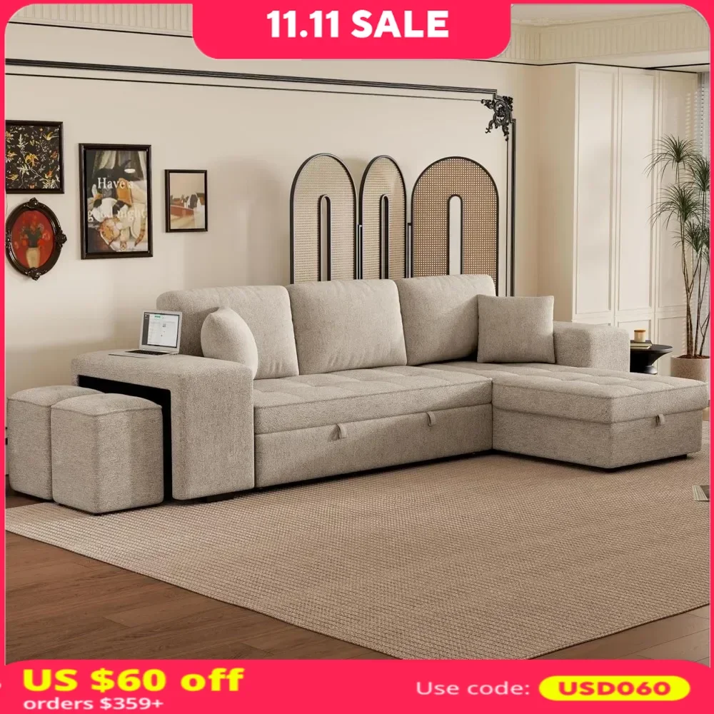 

104" Reversible Sectional Couch with Storage Chaise & 2 Stools，Linen Convertible Couch for Living Room Office，Pull Out Sofa Bed