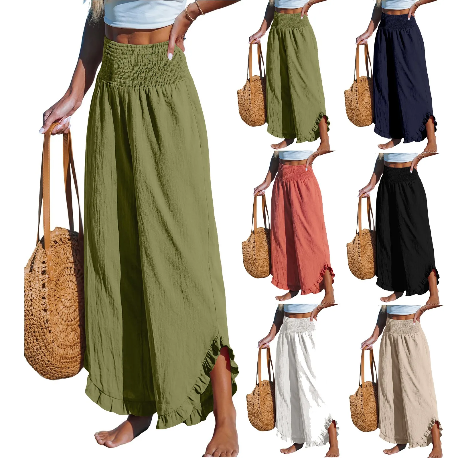 Women Boho Wide Leg Pants Cross Design Elastic High Waist Yoga Pants High Split Beach Wide Leg Pants Hippie Beach Casual Pants