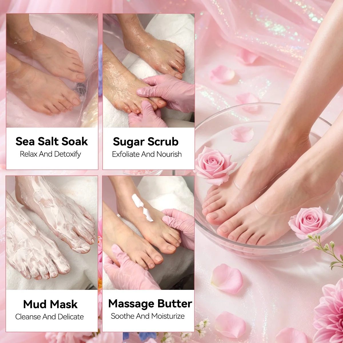 6 Sets Deluxe Pedicure Kit Foot Soak Set Bubble Salt,Sugar Scrub,Massage Mask,Massage Lotion 4 Step Foot Spa Kit for Pedicure