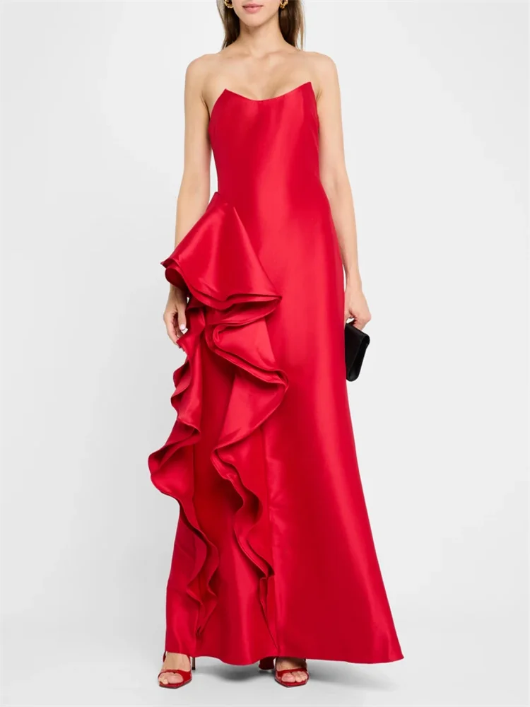 

Customized Strapless Scoop Neckline Ruffles Column Satin Evening Dress Elegant Back Zipper Floor Length Rear Slit Gown For Women