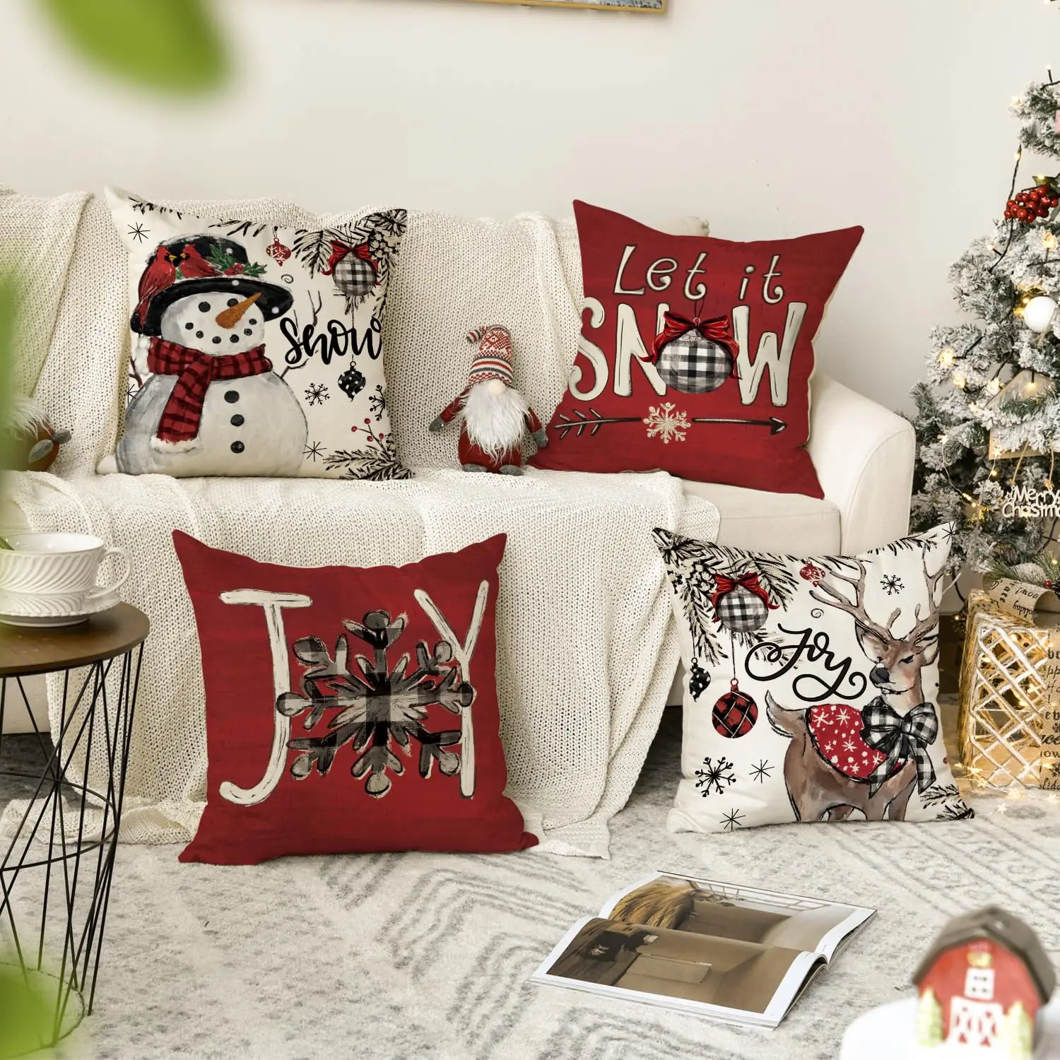 Joy Christmas Let It Snow Snowman Reindeer Throw Pillow Covers,Xmas Snowflake Winter Holiday Cushion Case for Couch Set of 4