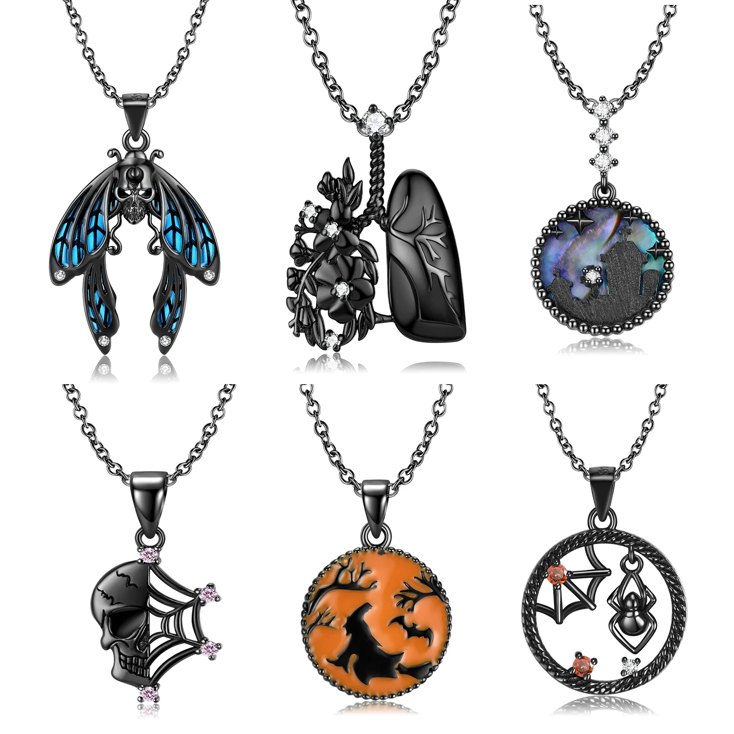 Jiuhao 925 Sterling Silver Black Halloween Spider Web Witch Zircon Skull Pendant Necklace Jewelry Necklace Chains Accessories