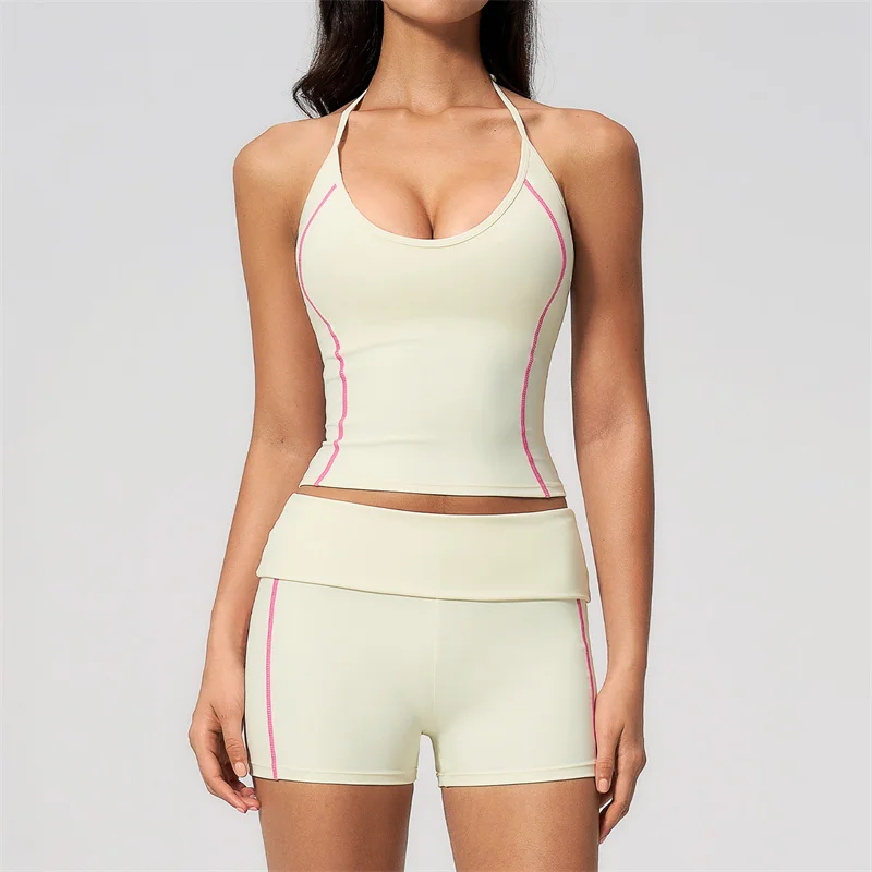 TRY TO BN Contrasting Color Women's Tracksuit Short Gym Sets 2 Piece Halter Neck Sports Top Fitness Running Workout Yoga Clothes