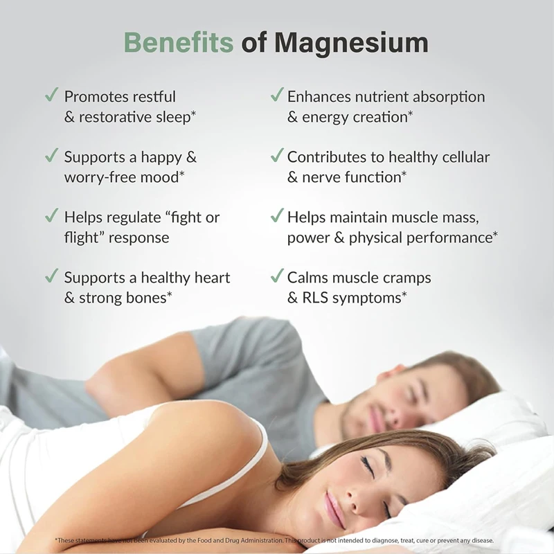 Magnesium supplement, used to support sleep and muscle recovery, containing vitamin B6 and manganese citrate and glycine