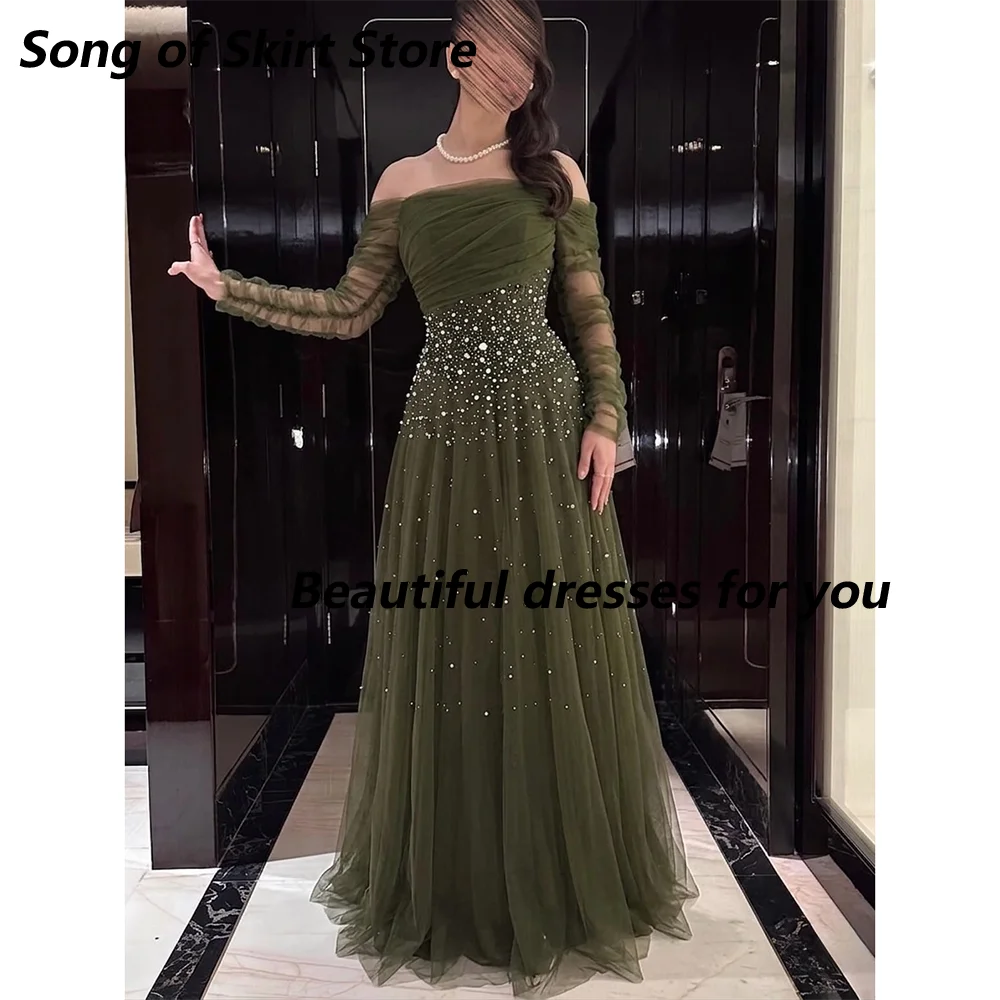 Grünes Tüll-Abendkleid mit Perlen und Kristallen, maßgeschneidert, schulterfrei, lange Ärmel, A-Linie, formelle Partykleider für Damen