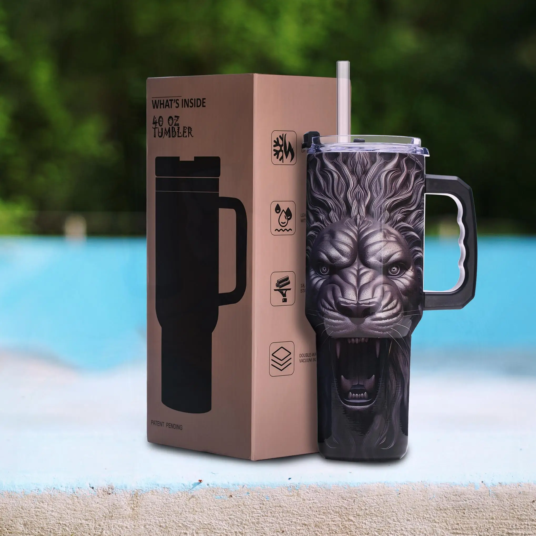 

40oz Lion-Themed Stainless Steel Tumbler, Vacuum Insulated Travel Mug with Handle, Warrior Gift for Men