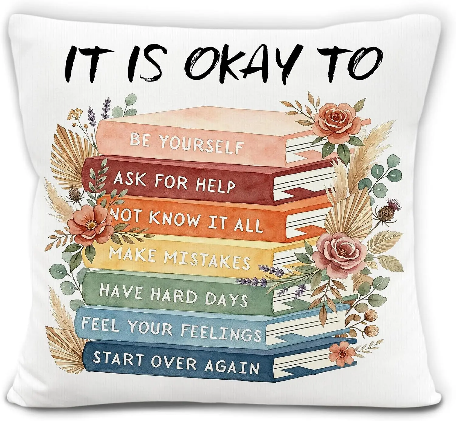 Boho Floral Inspirational Quote Pillowcase Cushion Cover Self Care Aesthetic Books Throw Pillow 45x45cm Home Decor Gift for Wome