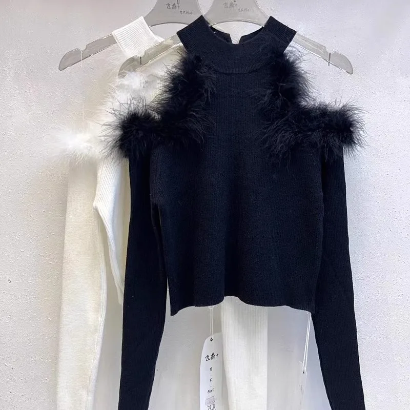 Neploe  Trend New Half-high Collar Pullovers Sexy Off Shoulder Feather Tops Women Y2k Slim Fit Knitted Bottoming Sweaters