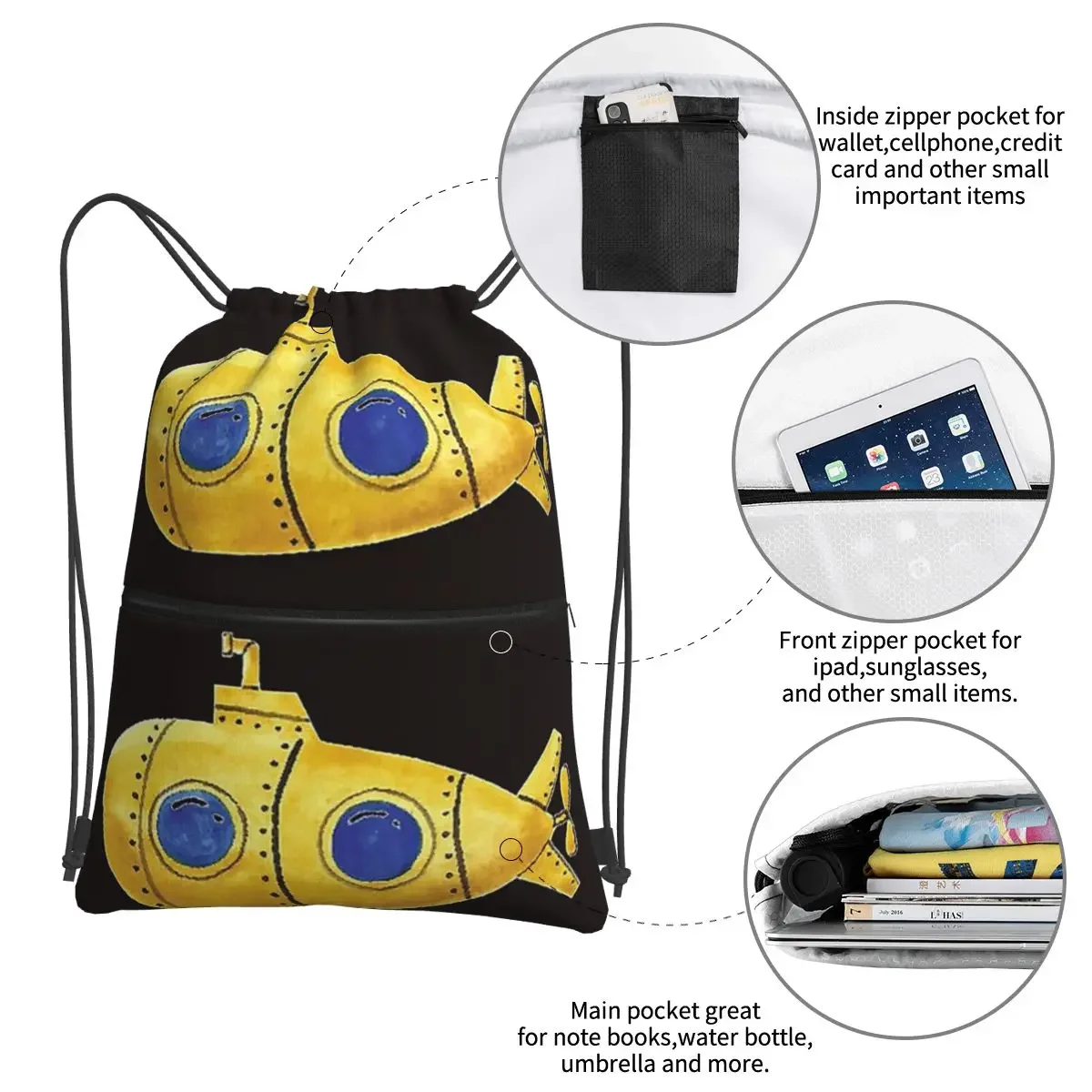 Beatle Submarine-mochila portátil con cordón para estudiantes, bolso informal con cordón, bolsa para artículos diversos, escolar