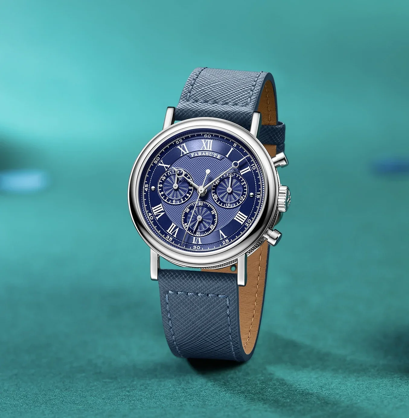 FARASUTE 新 38 ミリメートル腕時計メンズレトロ刻まれたダイヤルクロノグラフ自動機械式時計サファイア 3 窓防水孔雀
