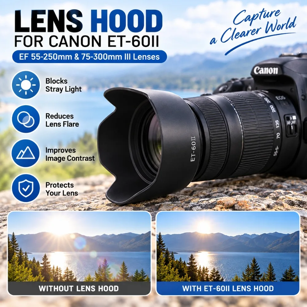 ABS Flower Lens Hood Black Stray Light Blocking Lens Shade Matte Inner Reversible Camera Lens Hood for Canon ET-60II