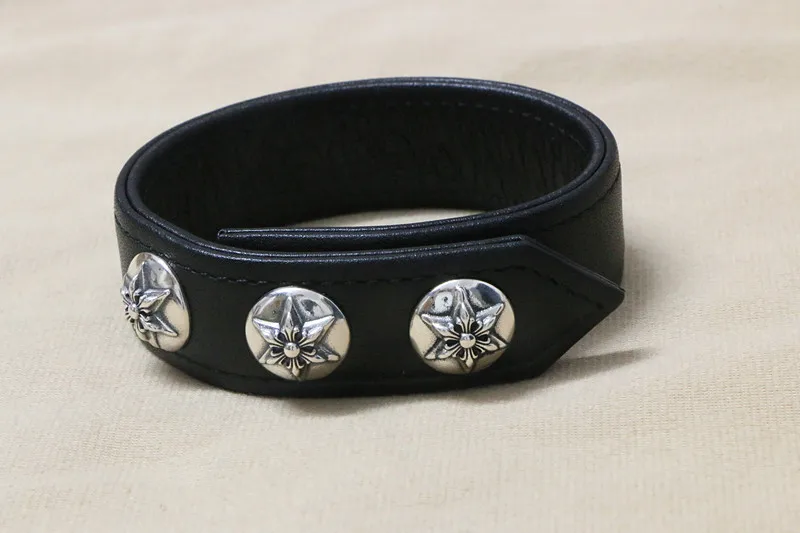 

Punk Hip Hop Jewelry European and American Handsome Men's and Women's Leather Bracelet 925 Pure Silver Hexagram Star Bracelet