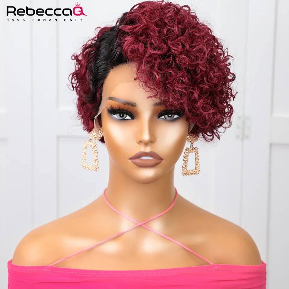 Rose Red wig Jerry Curly Bob Lace Front Wig Human Hair Wig With Bangs 99J Short Pixie Curly Bob Wig Glueless Lace Wigs For Women