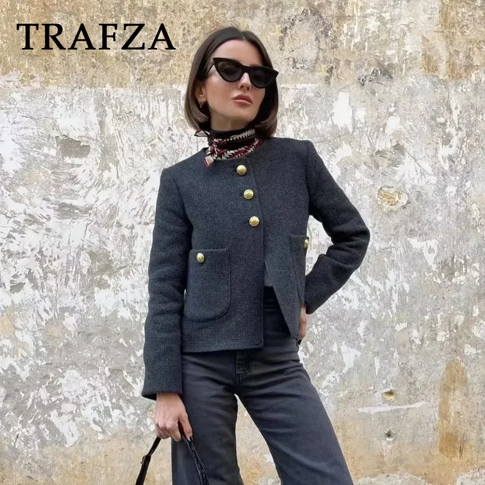 TRAFZA 2024 jesienno-zimowa Casual kurtki damskie moda Streetwear pojedyncze piersi O Neck solidne kieszenie eleganckie płaszcze damskie