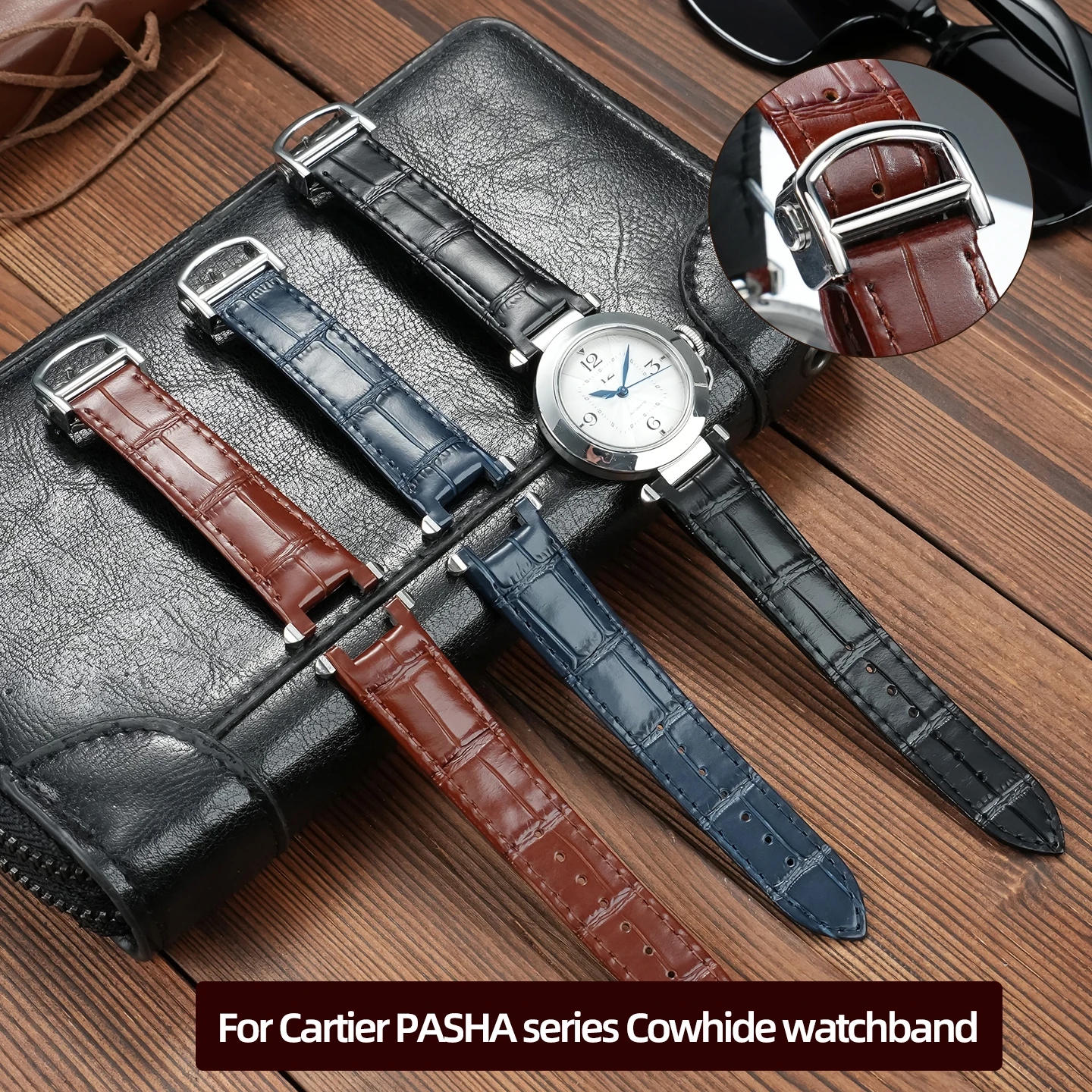 

For Cartier PASHA WGPA0019 WGPA0026 W2PA0014 series Cowhide watchband 19x12mm Concave end Quick Release strap folding buckle
