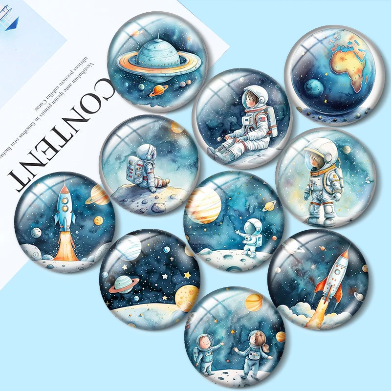 Watercolor Astronaut Space 12/18/20/25mm Glass Cabochon Bracelet Pendant Rings for Jewelry Demo Earrings Back Making Findings