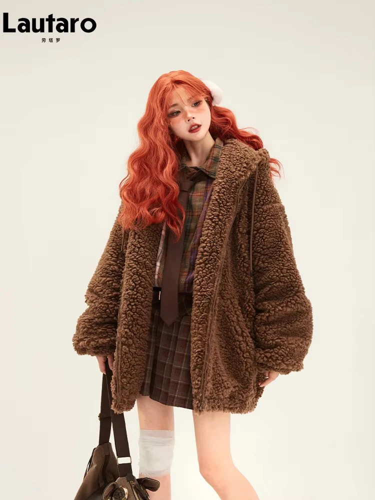 Lautaro autunno inverno oversize dolce carino Kawaii marrone caldo Fuzzy Faux Fur felpa con cappuccio donna con orecchie d'orso soffice giacca Sherpa