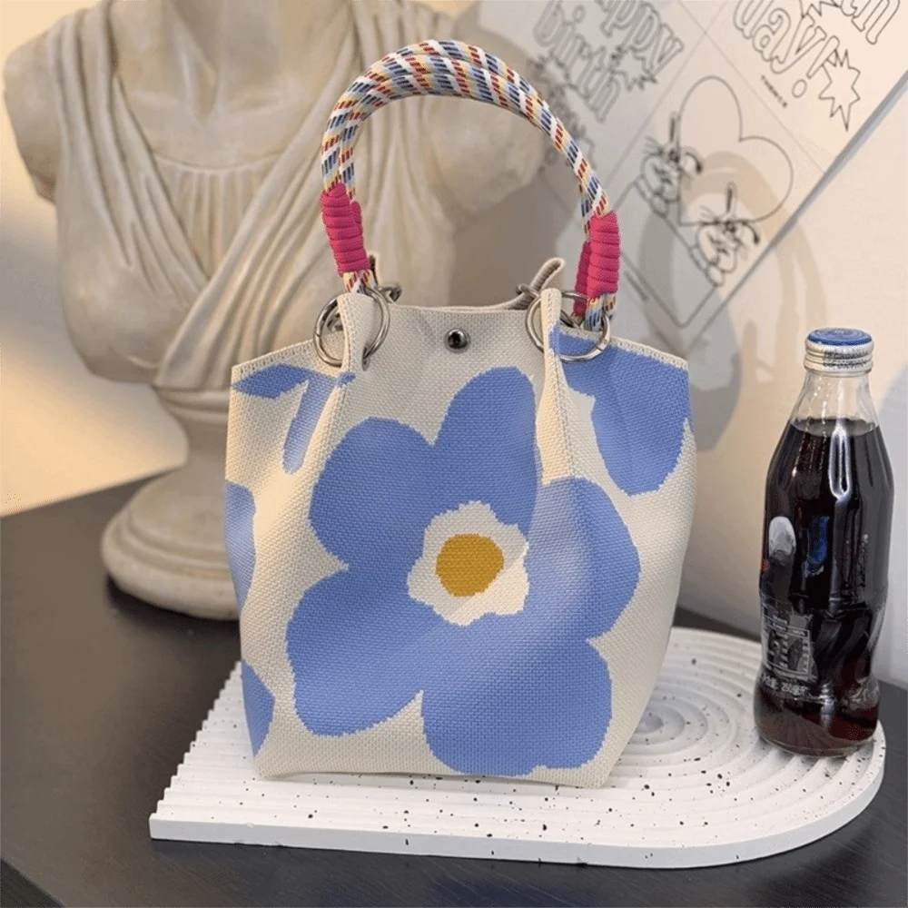 Mode Cartoon Gestrickte Eimer Tasche Handarbeit Gewebt Ring Schnalle Schulter Tasche Große Kapazität Handgelenk Tasche für Frauen Mädchen