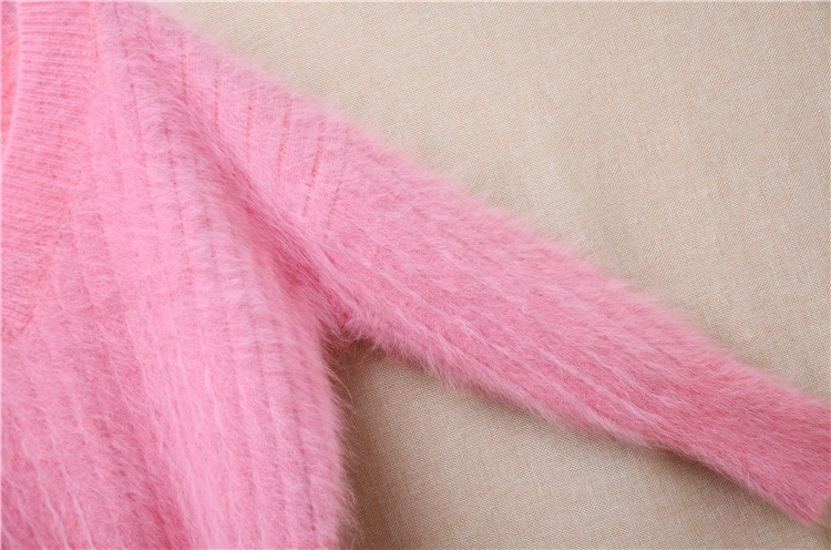 Women Mujer Autumn Winter Clothing Sweet Pink Hairy Angora Rabbit Hair Knitted V-Neck Long Sleeves Slim Blouses Pullover Sweater