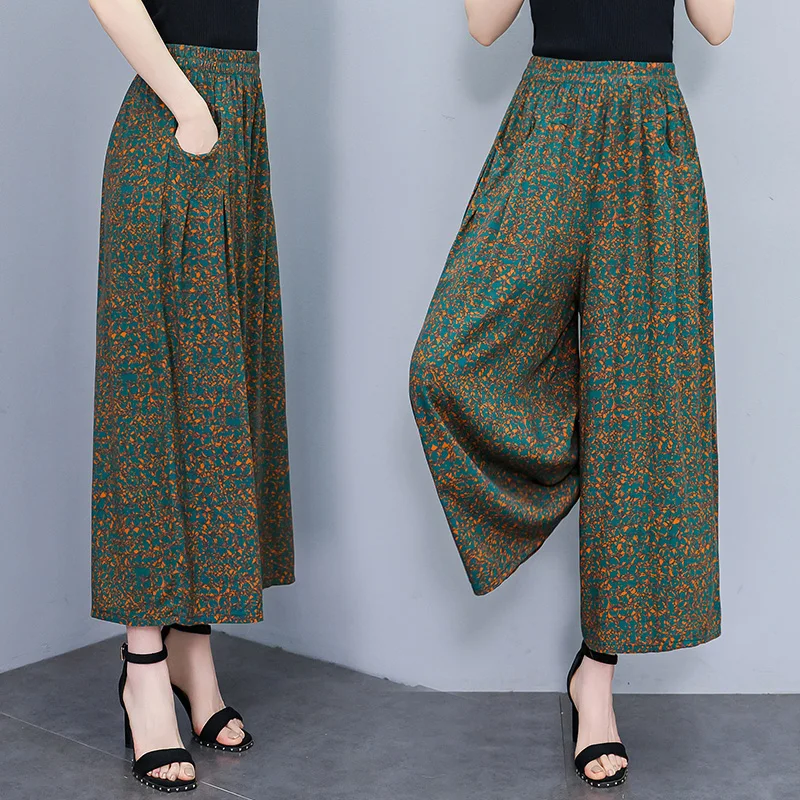 

Summer New Cotton Silk Wide Leg Pants Women High Waist Floral Print Casual Nine Points plus Size Slimming Mid-Aged Mom Jeans