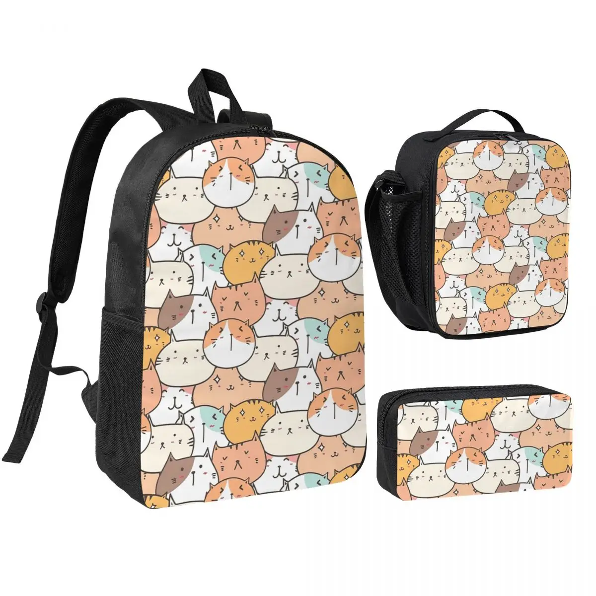 Adorable Colorful Kitten Cat Cartoon Backpack Boys Girls BookBag School Bag Shoulder Bags 3ps Insulated Lunch Bag Pencil Case