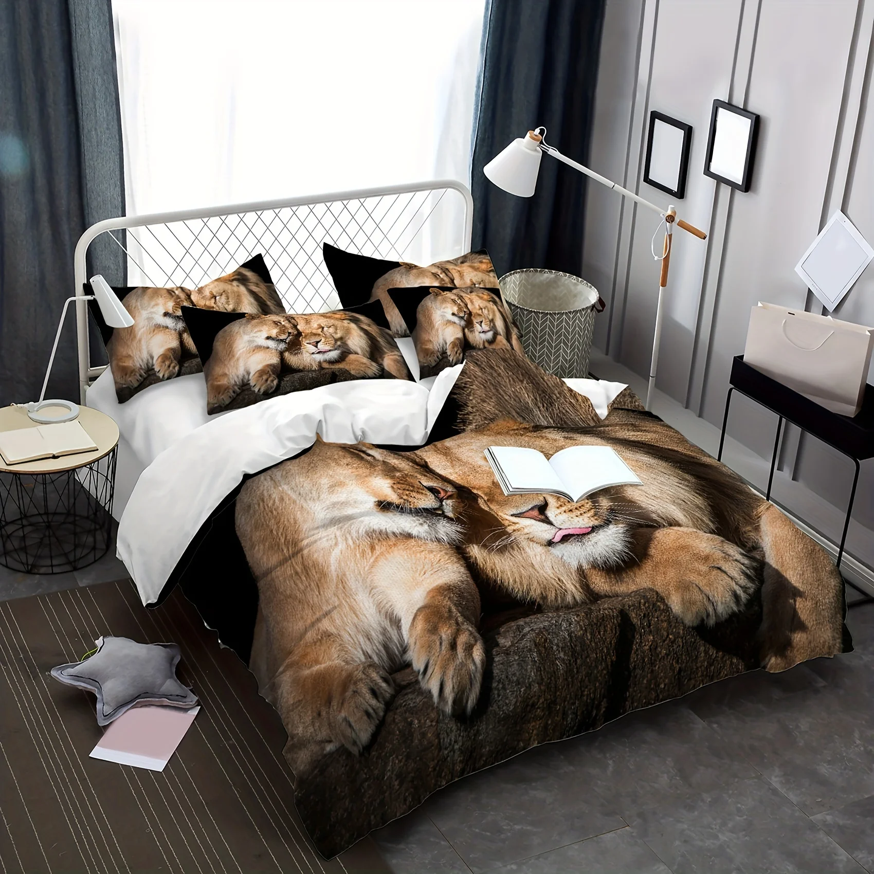 

Комплект постельного белья с изображением спящего льва, забавный комплект постельного белья с 3D принтом, пододеяльник, наволочка, устойчивый к морщинам, противоскользящий, прочный, для декора спальни