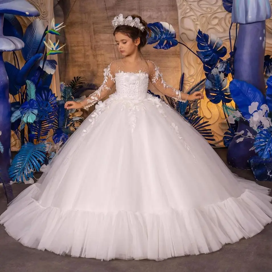 

Long Sleeve Flower Girl Dresses For Wedding Customized Lace Appliqued Litter Princess Baby Birthday Gowns First Communion Dress