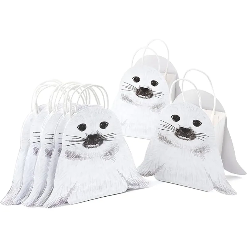 8Pcs Cute Seal Animal Gift Bags Black White Paper Bags Kids Candies Gifts for Baby Shower Winter Birthday Party Bags Supplies