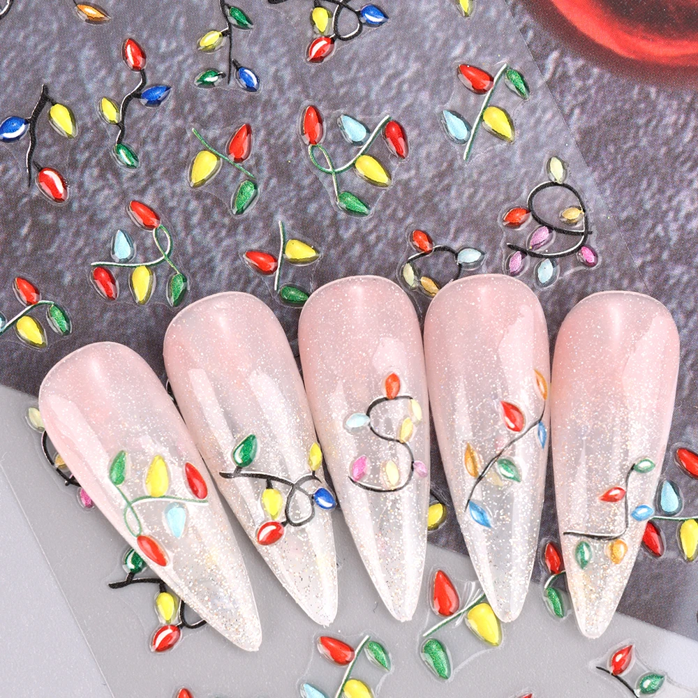 Autocollants pour ongles de noël, 2 pièces, lumières colorées en relief 5D, décalcomanies pour Festivals coulissants, décorations de manucure, fournitures pour ongles