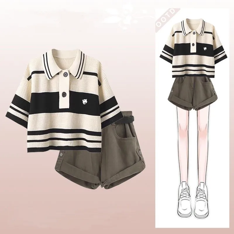 

Women's Summer New Vintage Knit Striped Short-sleeved Top+Casual Denim Shorts 2-piece Suit Korean Elegant Tracksuit Matching Set