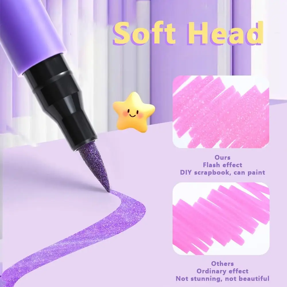 Decorative Glitter Colored Marker Pen Soft Head Double Head Fluorescent Pen Single Head Art Graffiti Pen DIY Art Painting
