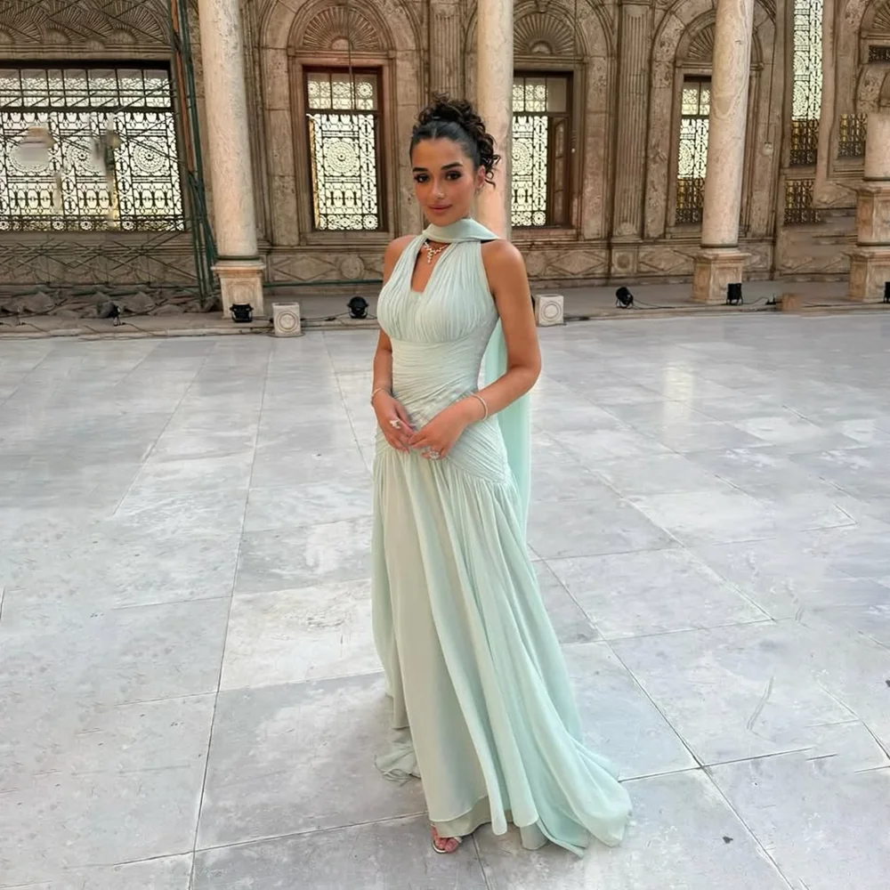 

Elegant Party Dresses for Women Halter Neck Sleeveless Pleated Chiffon A Line Evening Dress Long Formal Prom Gonws Customized