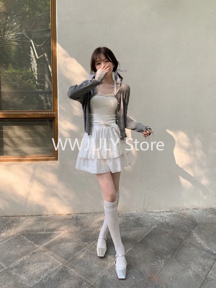 Harajuku Korea Fashion Tennis Skirt Sets Women White Y2k Mini Dress Balletcore Long Sleeve Top Shirt Korean Outfits Fall Clothes