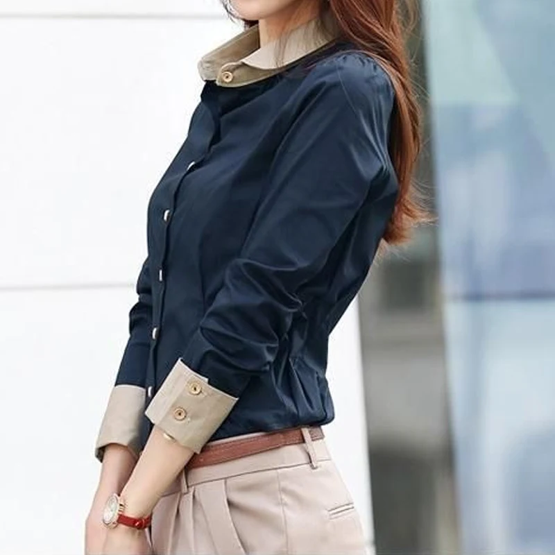 Spring New Contrast Patchwork Shirt Tops Long Sleeve Polo Sleeve Slim All-match Blouse Elegant Fashion Women Clothing