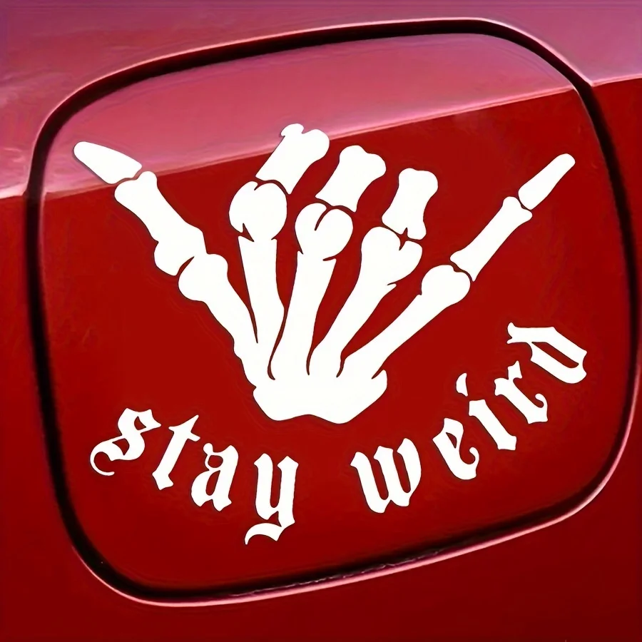 Gotischer Totenkopf-Handzeichen-Aufkleber aus mattem PVC, rot-weißer „Stay Weird“-Vinyl-Sticker für Auto, Laptop und Heimdekoration