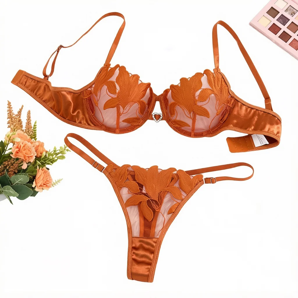 Sheer Mesh Bra - 골드 플로럴 자수 새틴 란제리 세트