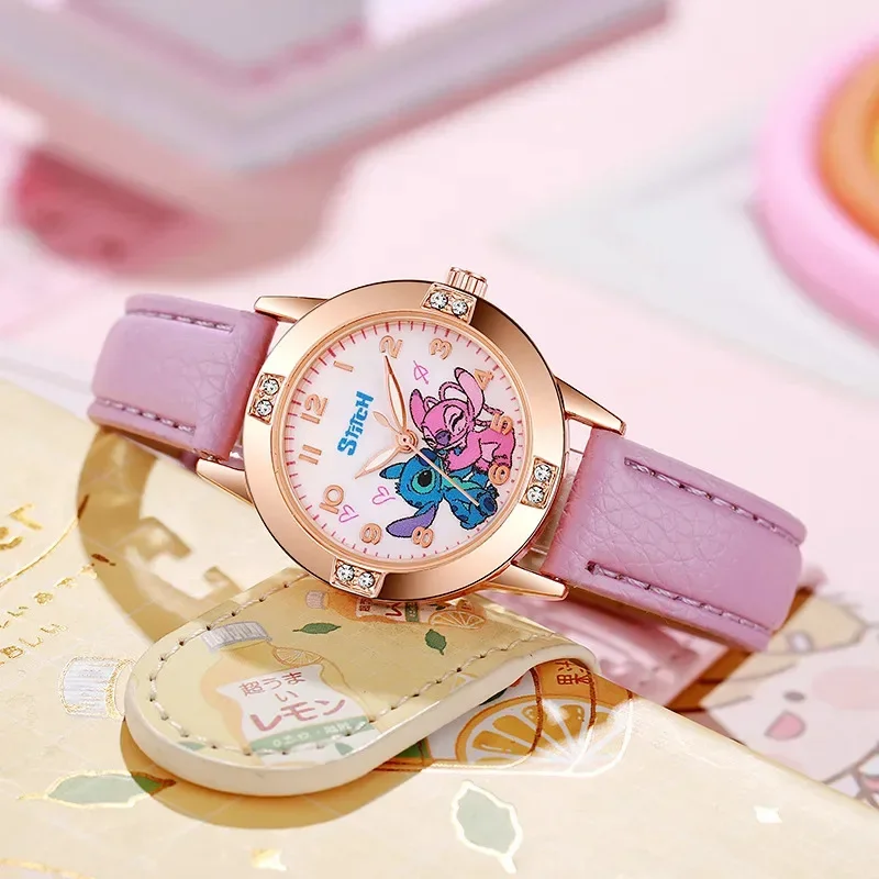 Disney Stitch Kids Watches Cute Cartoon Quartz Watch with Imitation Diamond Strap for Boys & Girls, Student Wristwatch Gift