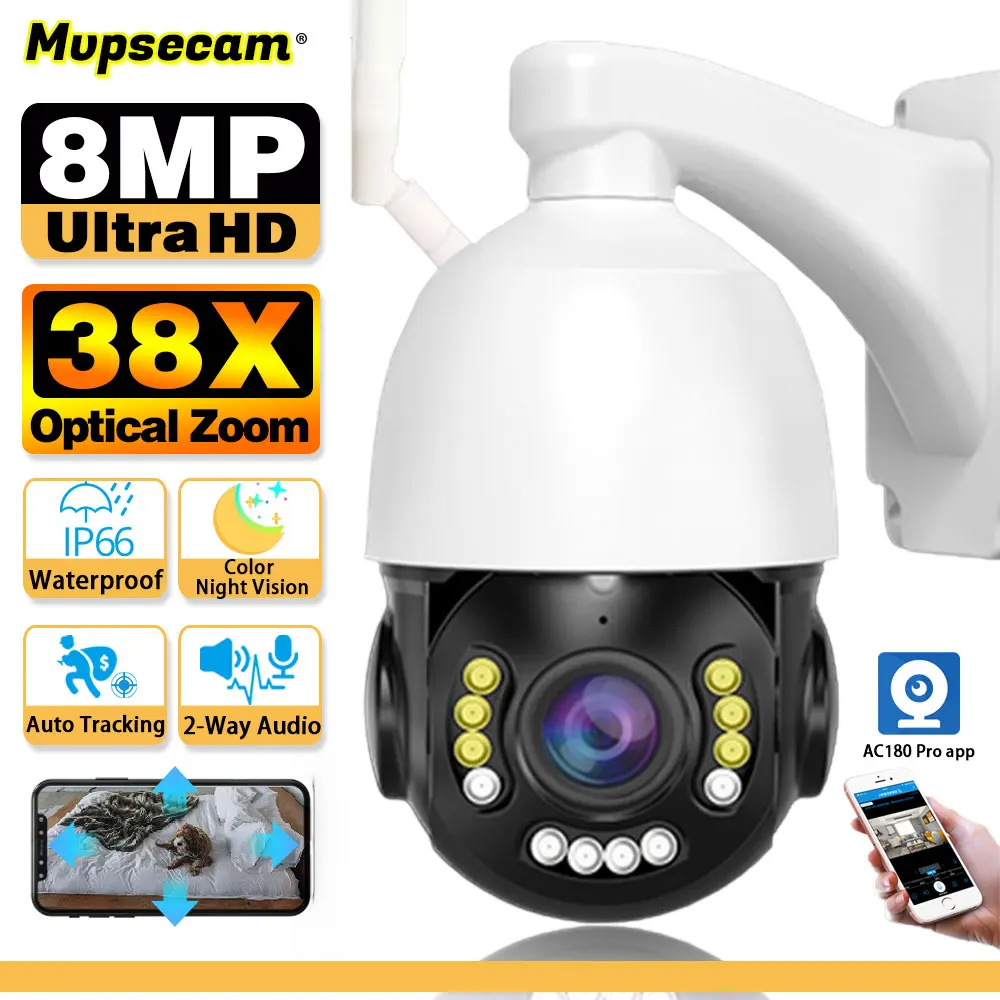 4K 8MP Smart 38X Optical Zoom WIFI Surveillance Camera Color Night Vision Auto Tracking Waterproof Outdoor CCTV  Security Camera