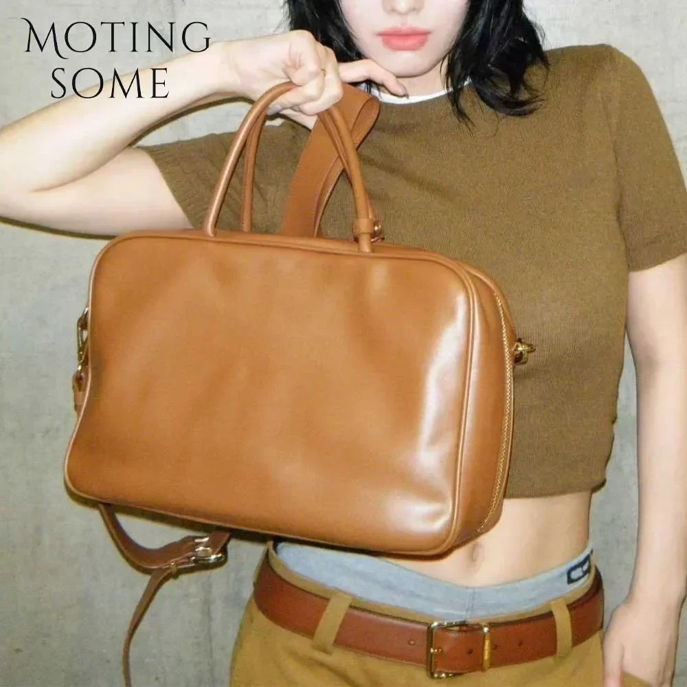 Motingsome Luxury Designer Bags Real Genuine Leather Handbag Woman Tote Bag Retro Boston Purses Bowling Bags Shoulder Hobos 2024