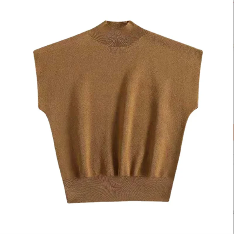 Knitted Vest Women Short Sleeve Top Half High Collar Slim Base Camisole Casual Tank Top Knitwear Summer Streetwear Ladies Camis